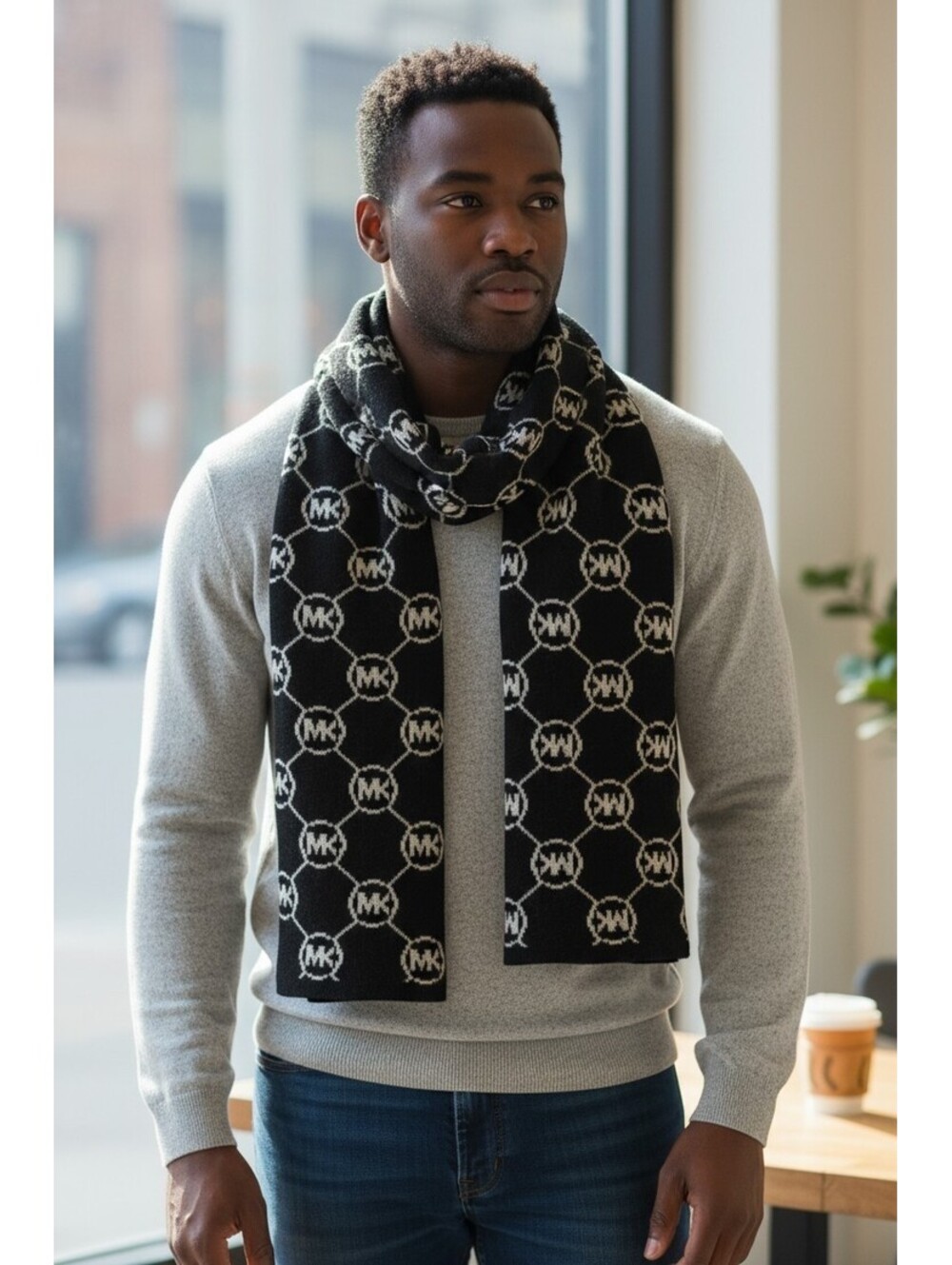 Michael Kors Black Grey Mens Scarf New with Tag